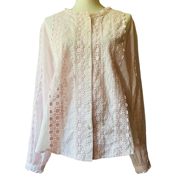 SUNDANCE WOMEN’S SOFT PINK LONG SLEEVE BLOUSE WITH LACE & EMBROIDERY SZ Petite L - Picture 1 of 9